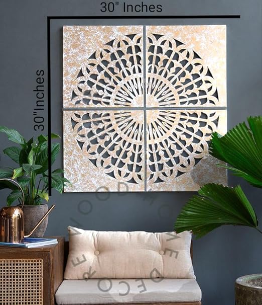 Wooden Wall Panels Set of 4 - CNC Cut Modern Mandala Design,